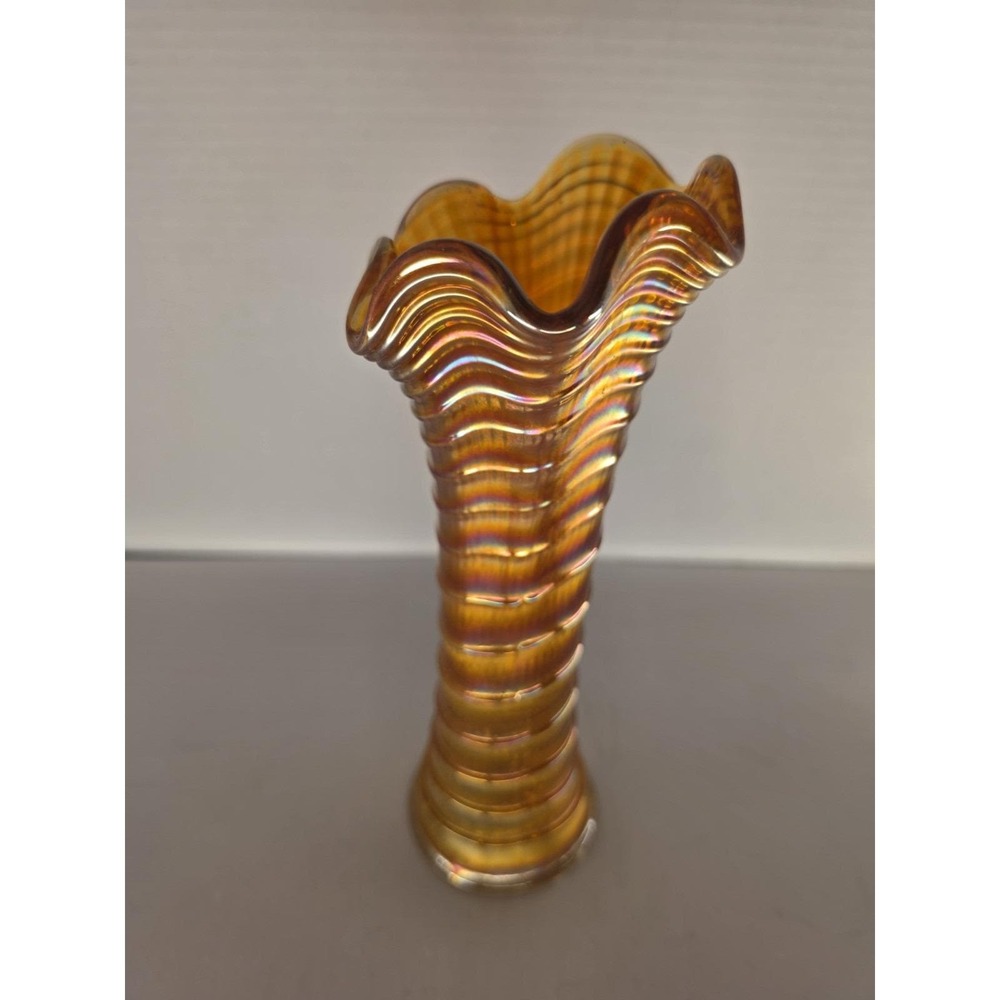 Imperial Glass Ripple Marigold Carnival Glass Swung Vase 9.5" Ruffled Rim - Picture 6 of 8